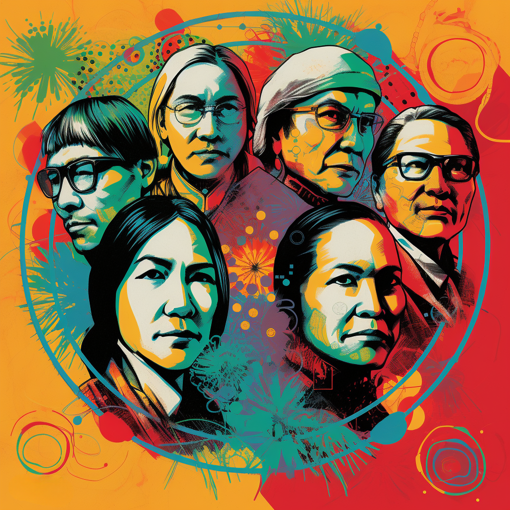 An illustration inspired by the pop art movement and Cree art, depicting the economic development program of Driftpile Cree Nation focusing on innovation, leadership, community investment, and transparency. The scene shows interconnected circles representing each key category, filled with vibrant, contrasting colors typical of Warhol's pop art style, integrated with Cree cultural symbols. Warm color temperature, no facial expressions, bright lighting, and an energetic atmosphere.